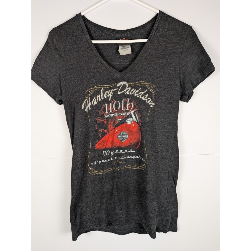 Harley-Davidson 110th Anniversary T-Shirt Womens M Charcoal Grey V-Neck 2013 Tee